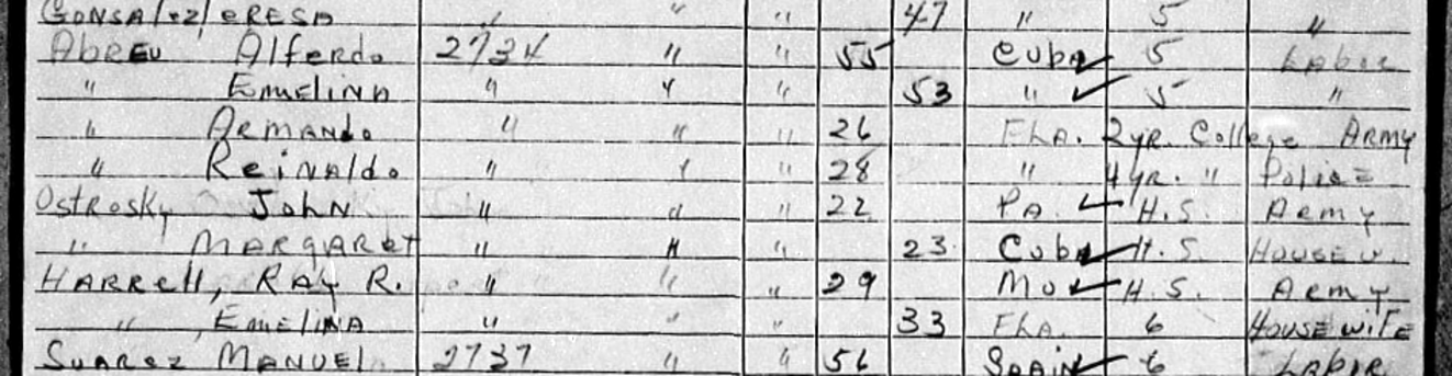 1945 Florida census lines for the Abreu household at 2734, including John Ostrosky, Margaret, Ray R. Harrell and Emelina