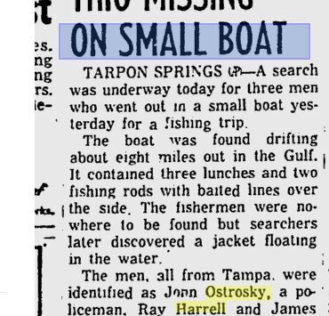 Sarasota Journal, January 30, 1956, story Trio Missing on Small Boat