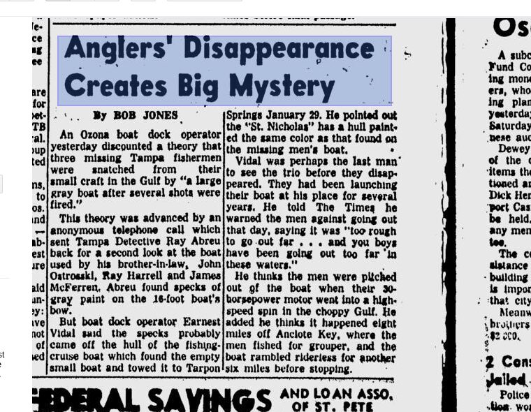 St. Petersburg Times, March 22, 1956, Anglers' Disappearance Creates Big Mystery